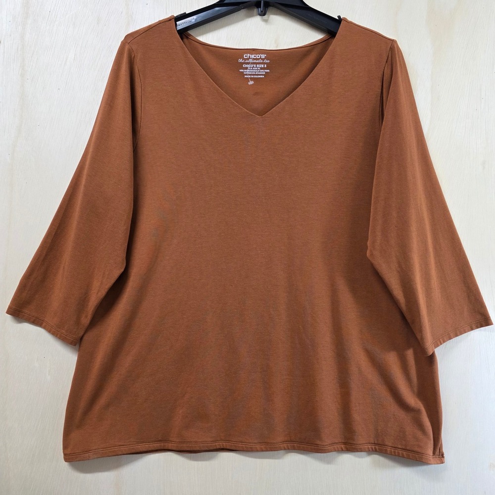 Chicos The Ultimate Tee Rust Orange V-Neck 3/4 Sleeve Pima Cotton Modal Top XL 3 - Picture 12 of 12
